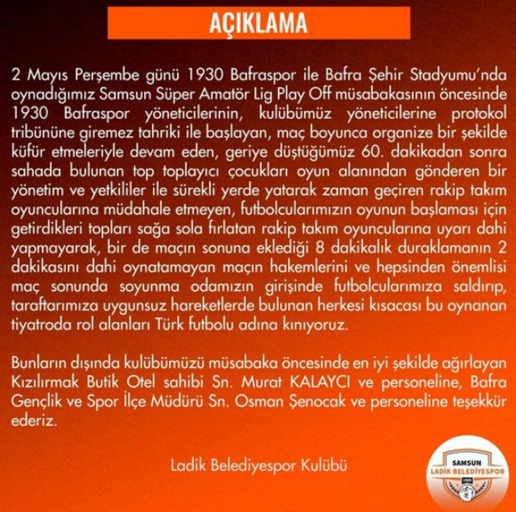 Ladik Belediyespor'dan Hem Kınama Hem Teşekkür!