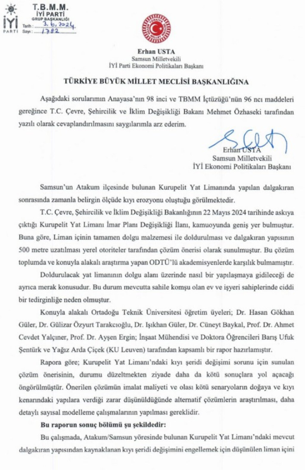 Milletvekili Usta, Özhaseki'ye Kurupelit Yat Limanını Sordu!
