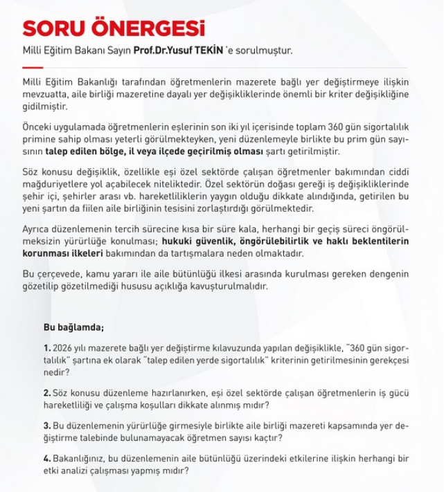 Karaman’dan Öğretmenlerin Eş Durumu Atamalarına İlişkin Soru Önergesi!