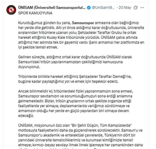 Samsunspor Taraftarlarından Bir Grup Tribünden Çekilme Kararı Aldı!