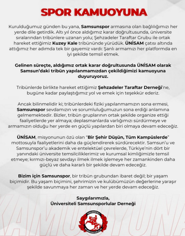 Samsunspor Taraftarlarından Bir Grup Tribünden Çekilme Kararı Aldı!